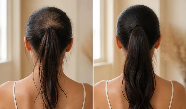 Comparison of a thin ponytail beside a fuller ponytail