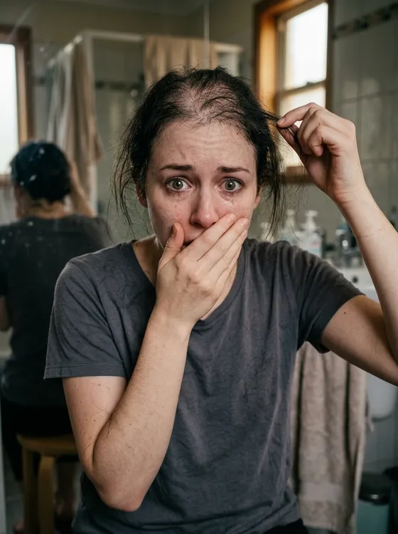 A woman in a bathroom covering her mouth in shock while holding a strand of thinning hair
