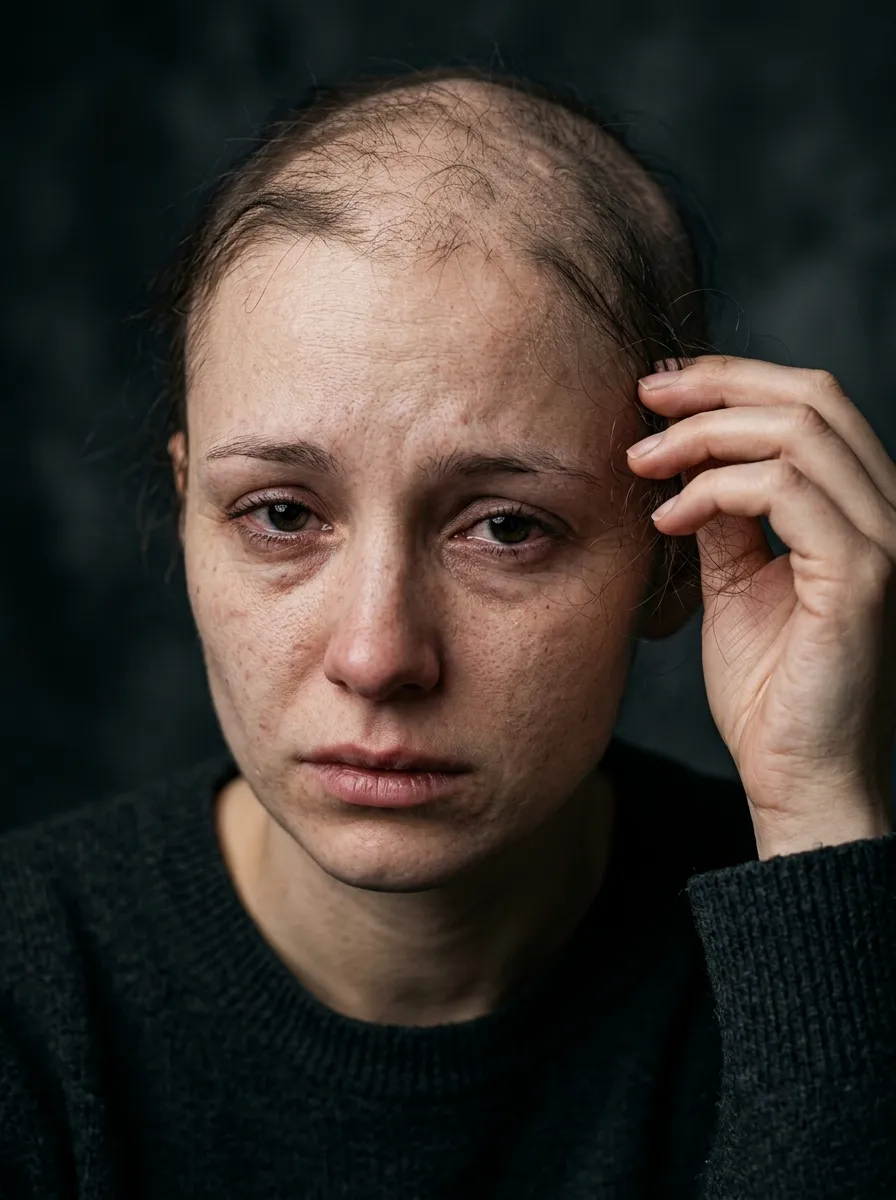 A woman with visible hair thinning across her scalp touching her hair, looking worried