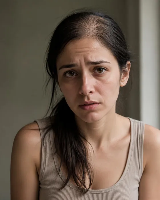 A woman with a widening middle part and thinning hair around the crown, looking worried